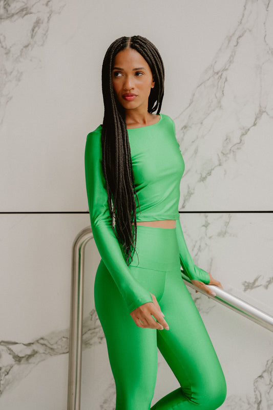 LONG SLEEVE CROPPED TOP WITH FINGER SHINY GREEN POWER