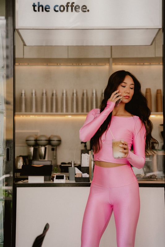 SHINY PINK SPLASH LONG SLEEVE FINGERBOARD CROPPED TOP