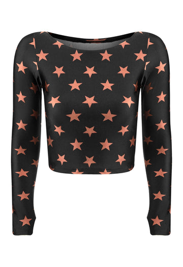 TOP CROPPED MANGA LARGA DEDINHO NEGRO ESTRELLAS BRONCE
