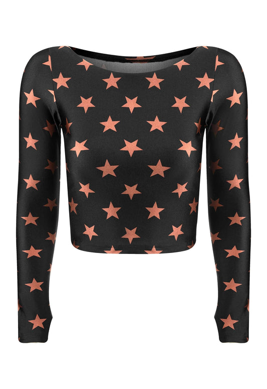TOP CROPPED MANGA LARGA DEDINHO NEGRO ESTRELLAS BRONCE